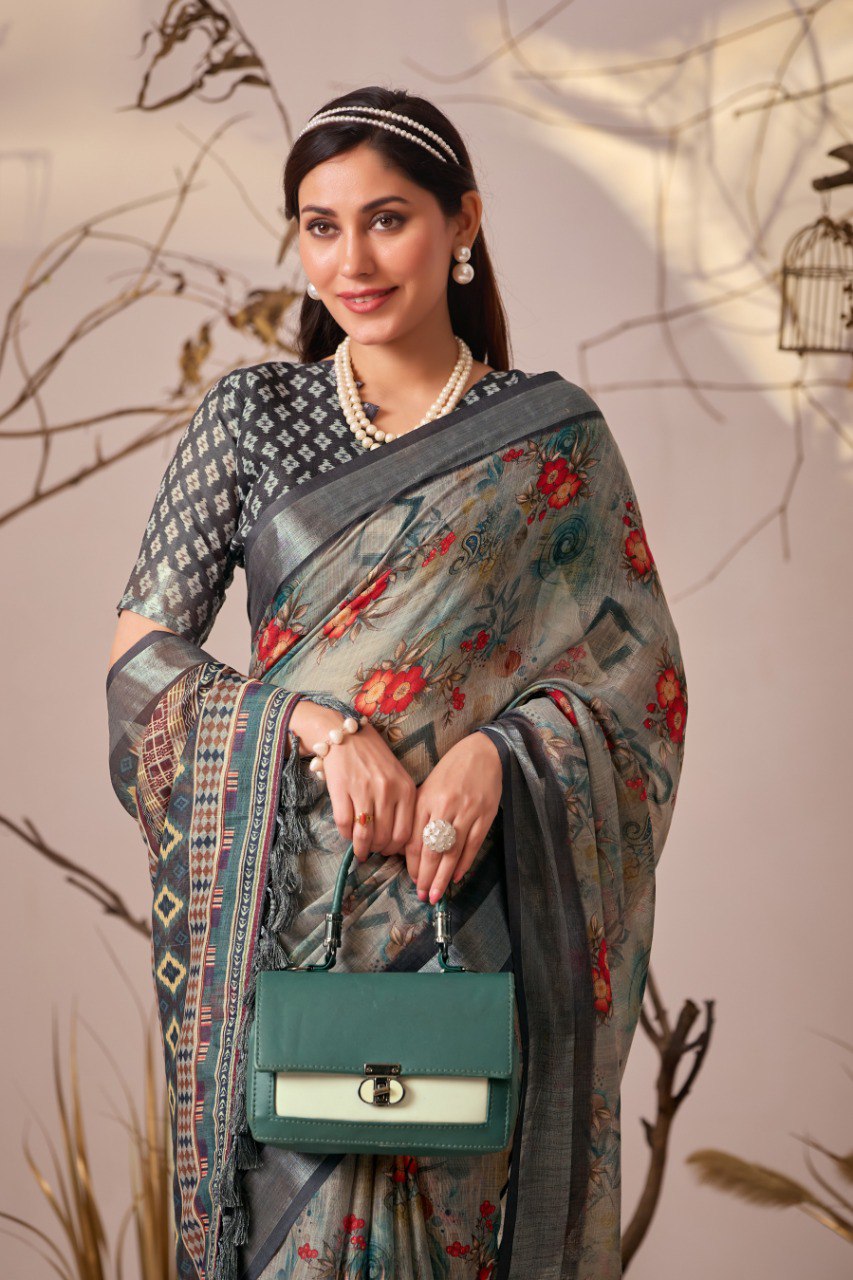 Premium Linen Cotton Saree with Elegant Digital Floral & Royal Ethnic Print & Classic Contrast Patola Style Border