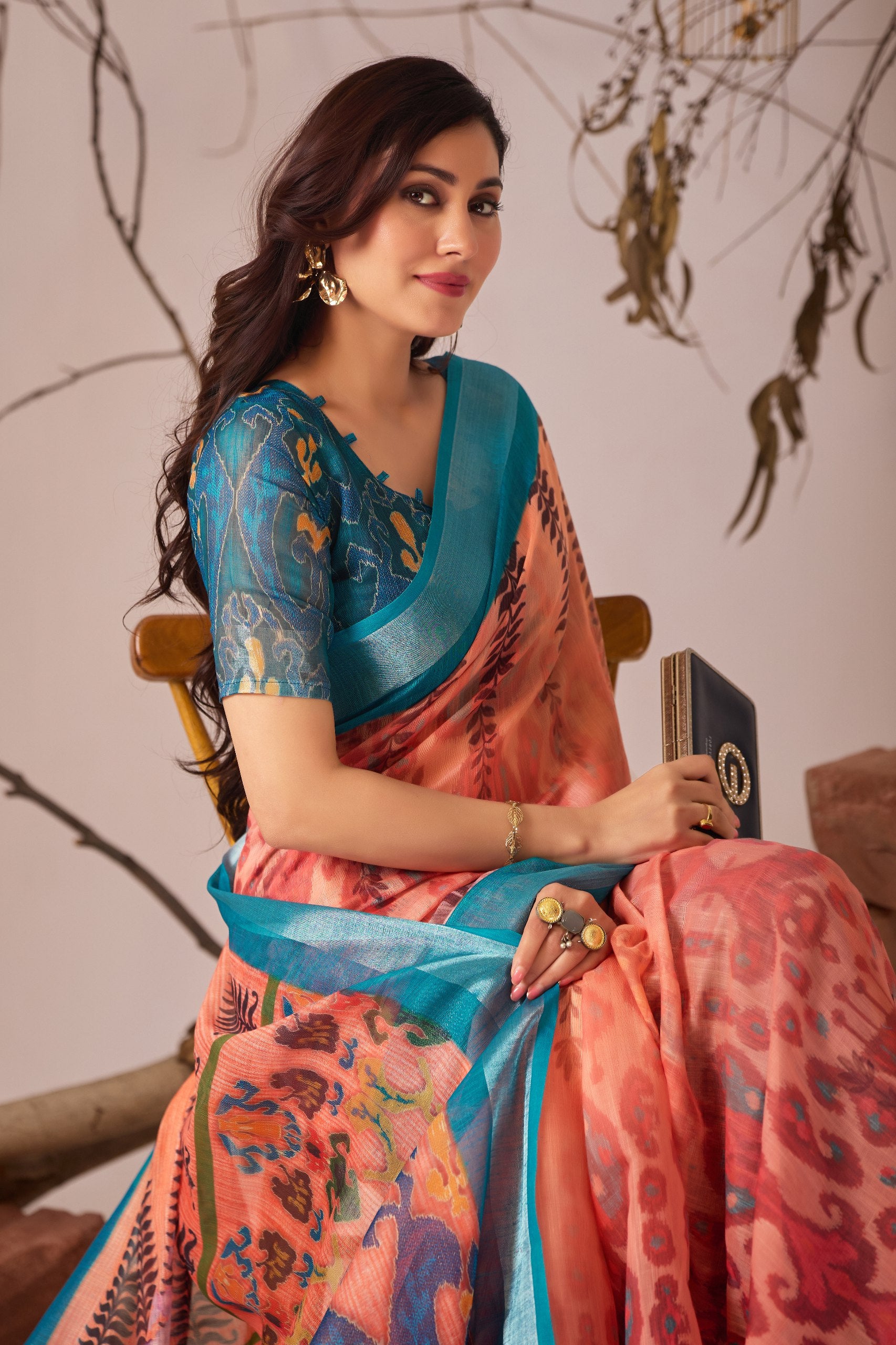 Premium Linen Cotton Saree with Elegant Digital Floral & Leaf Print & Classic Contrast Patola Style Border