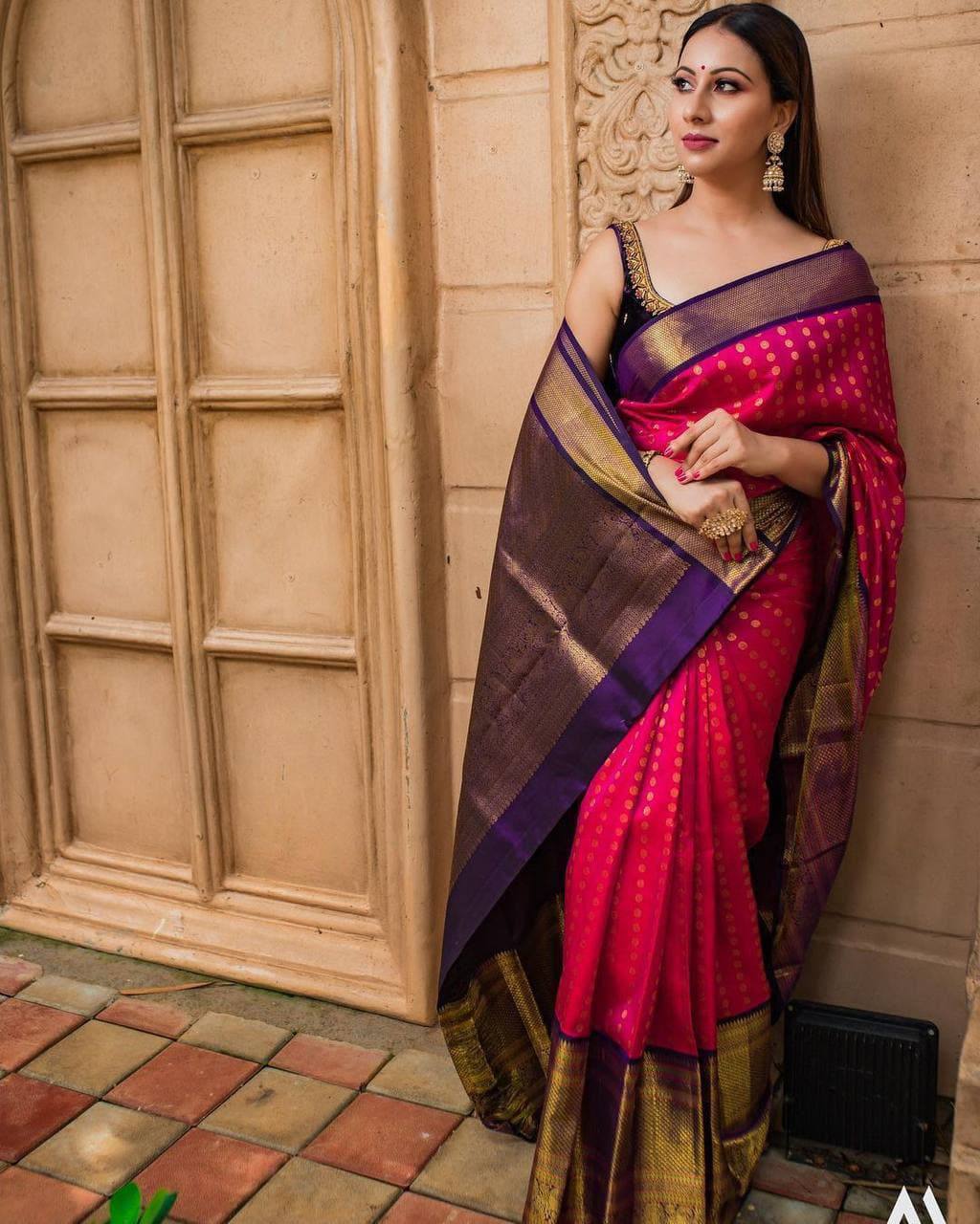 Buy Mesmerizing Pink With Purple Color Soft Lichi Silk Saree