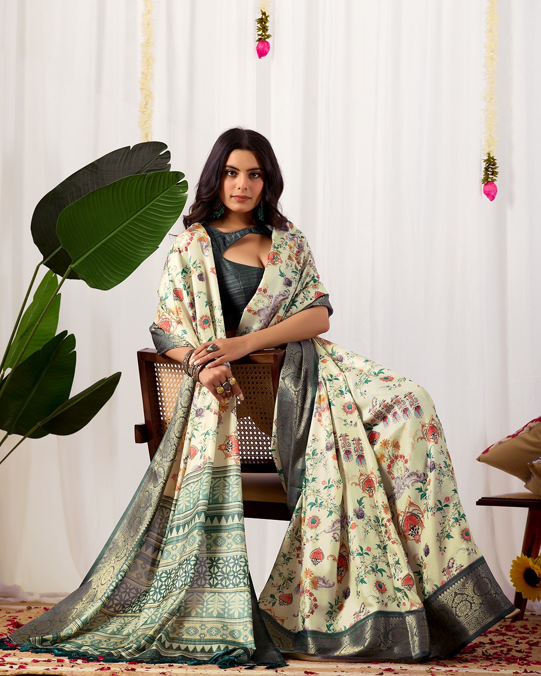 Premium Soft Lichi Silk Saree adorned with vibrant digital floral prints, complemented by a rich, intricately woven zari border — a perfect blend of luxury and tradition.