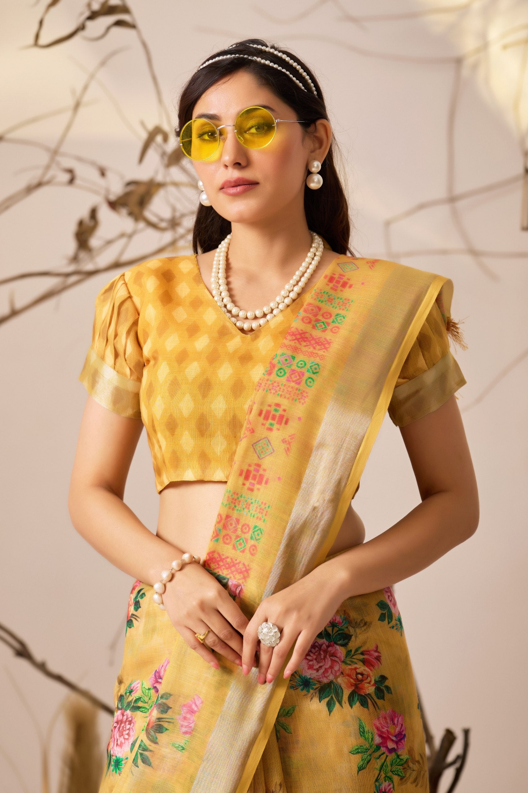 Premium Linen Cotton Saree with Elegant Digital Floral & Traditional Patola Style Print with Classic Contrast Border