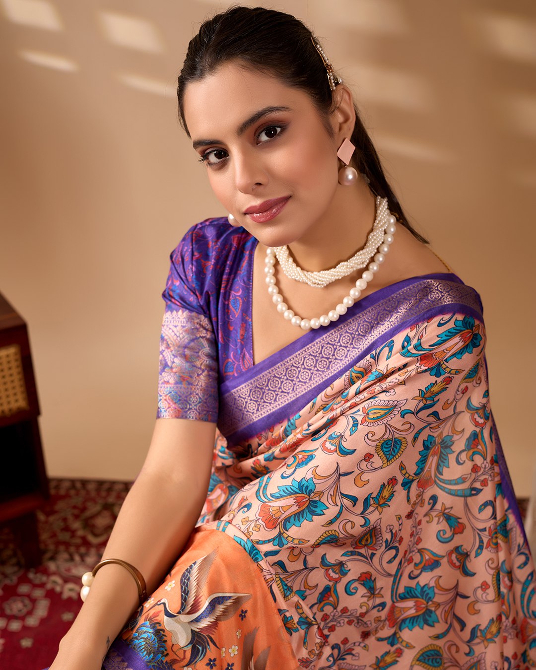 Elegant Soft Lichi Silk Saree featuring exquisite digital ethnic motifs and a royal purple golden zari border.