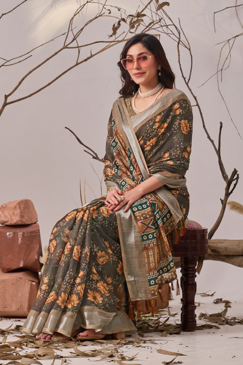 Linen Cotton Saree with Beautiful floral pattern Digital Printed Design