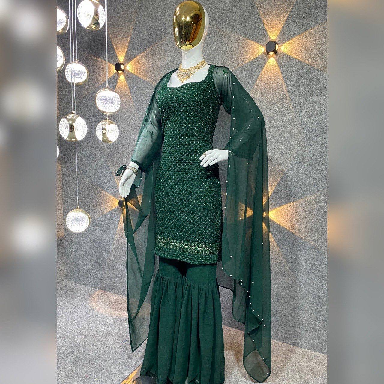 Green Colour Embroidered Attractive Party Wear Faux Georgette Top Plazzo has a Regular-fit and is Made From High-Grade Fabrics And Yarn.