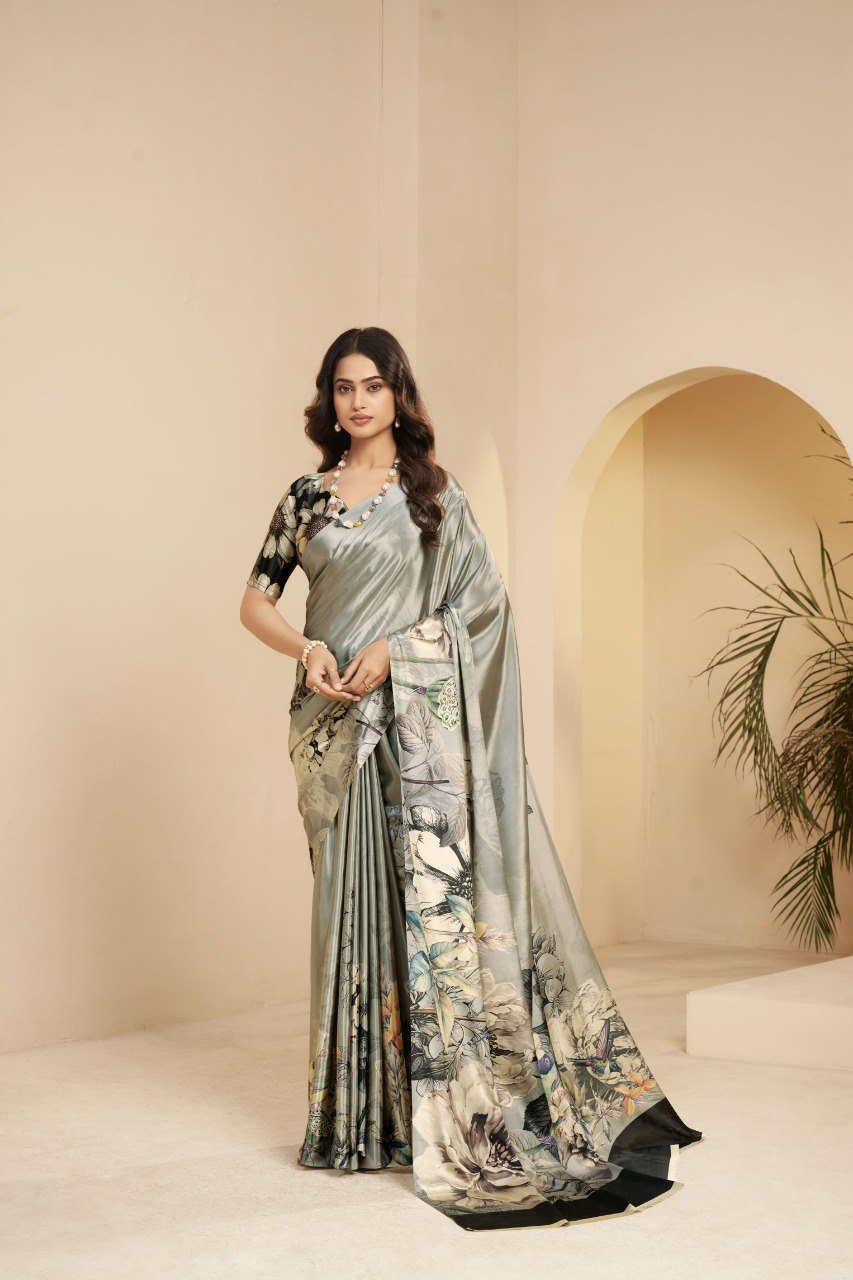 Premium Malai Crepe Soft Silk Saree featuring a modern digital floral print with a graceful fall and elegant party-wear appeal. Designed to give a classy yet contemporary look, perfect for festive and celebration wear.