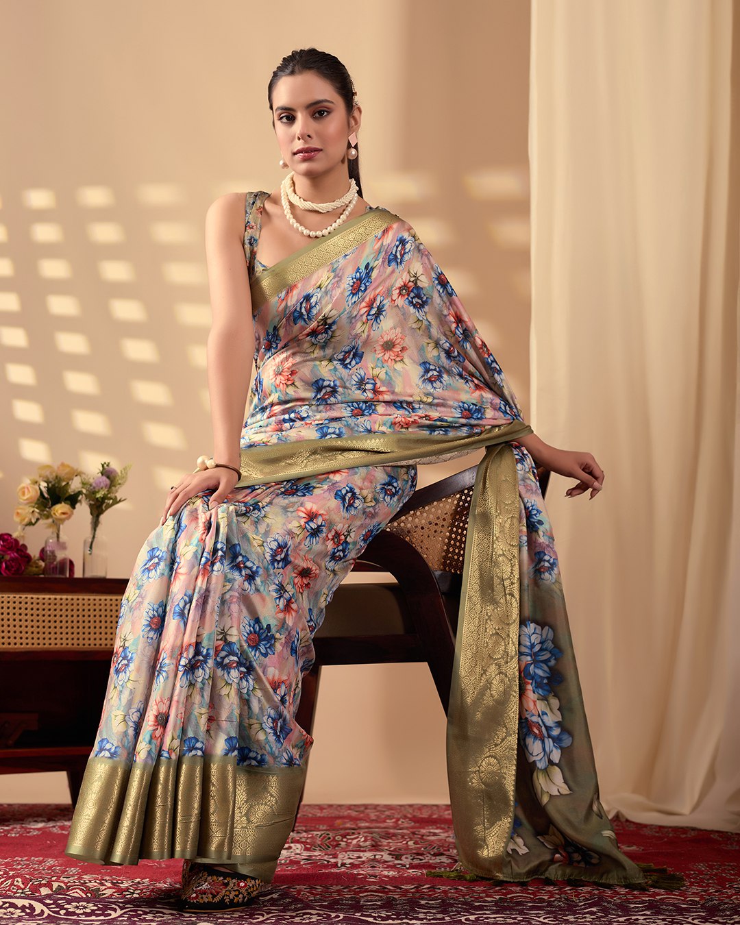 Elegant Soft Lichi Silk Saree adorned with mesmerizing digital floral patterns and a rich golden zari border