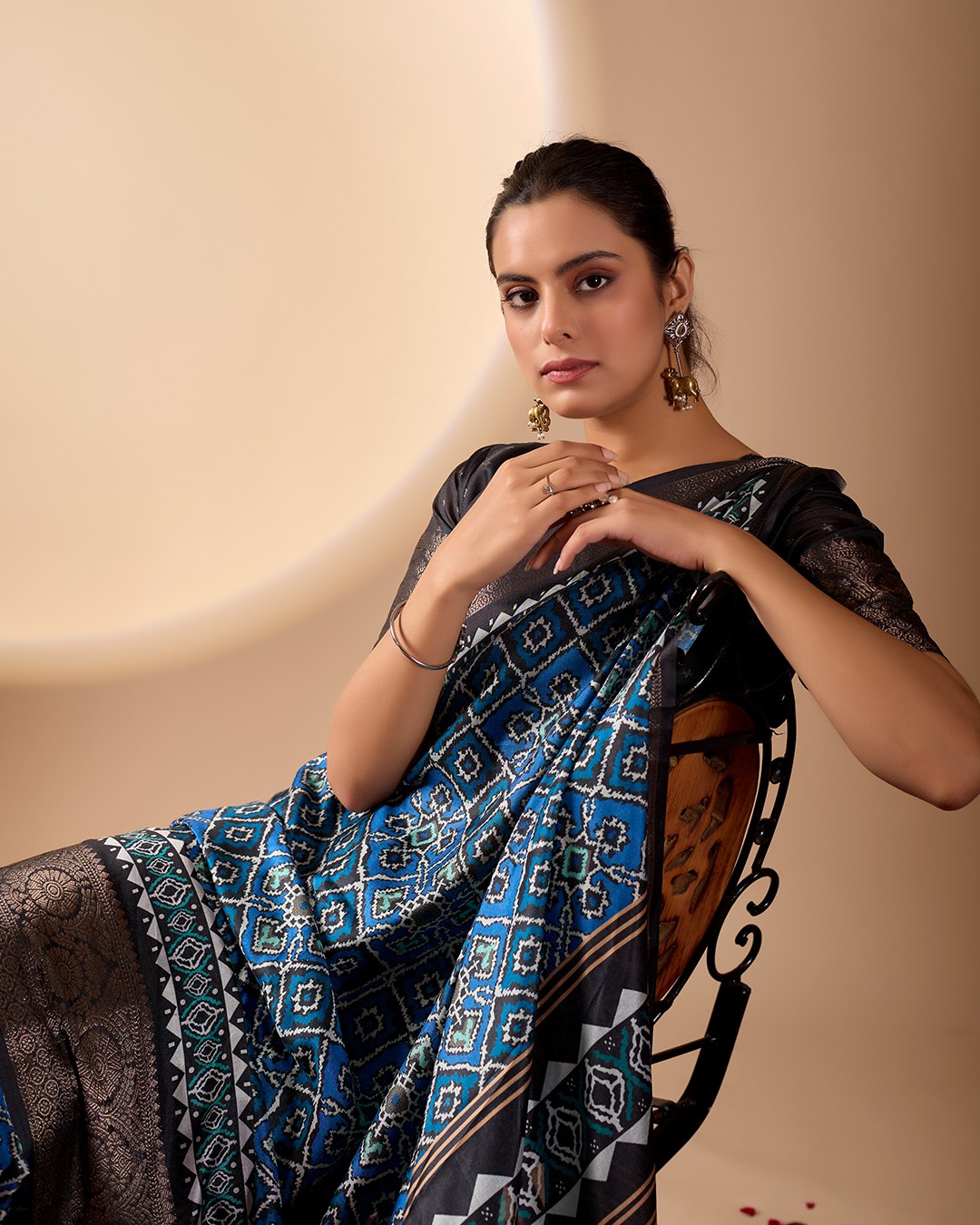 Exquisite Soft Lichi Silk Saree featuring elegant digital ethnic geometric designs paired with a luxurious copper zari border.