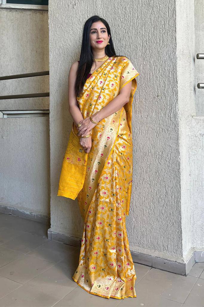 Mango Yellow Banarasi Silk Saree With Zari Weaving Work