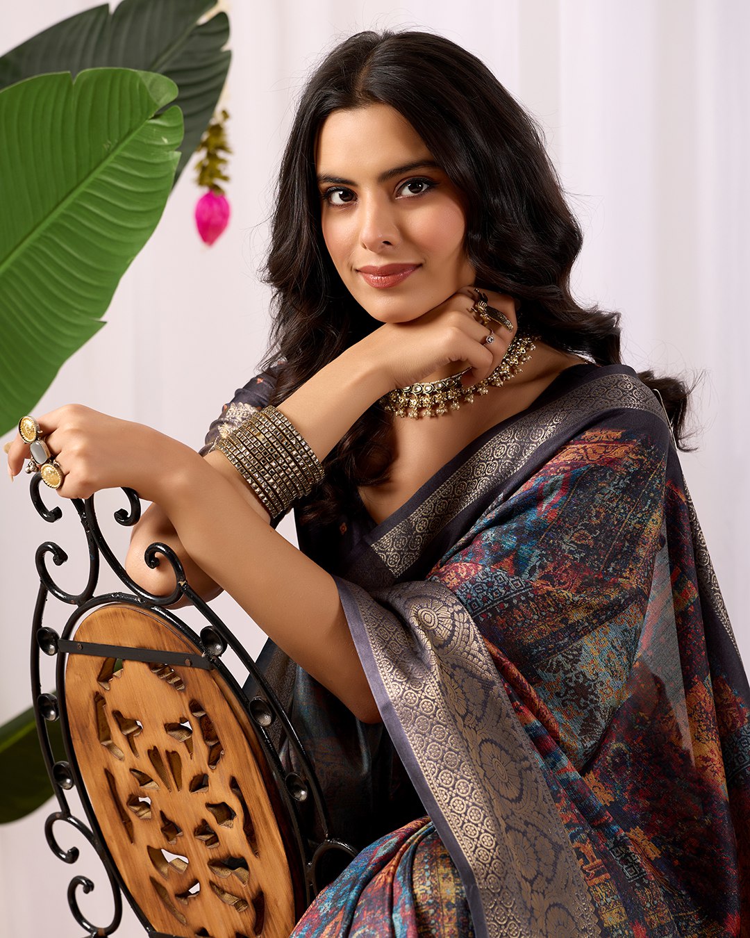 Elegant Soft Lichi Silk Saree with mesmerizing digital ethnic patterns and rich golden zari border — a perfect fusion of vintage artistry and modern luxury.