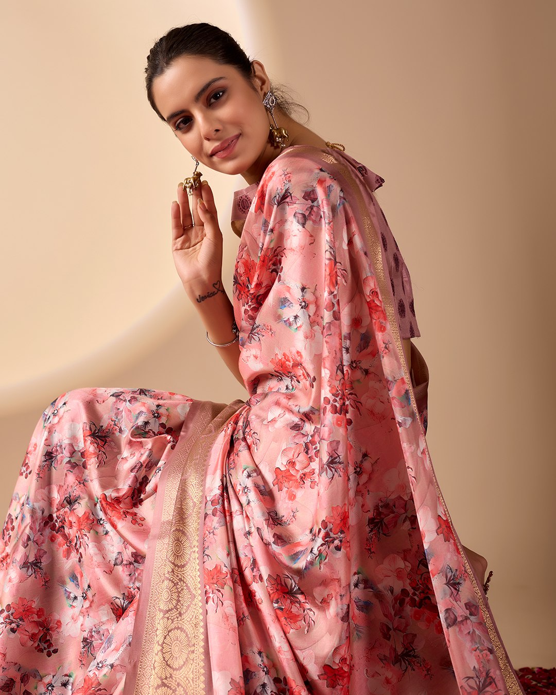 Gorgeous Soft Lichi Silk Saree with enchanting digital floral prints and a rich golden zari border.