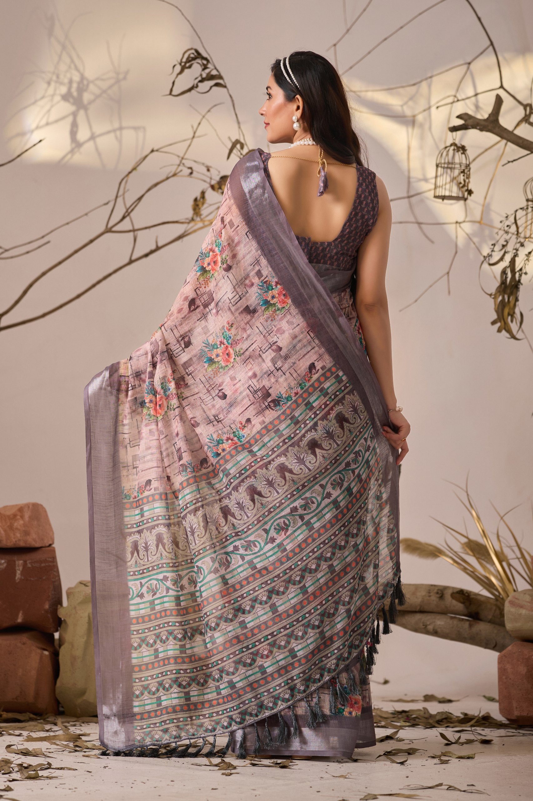 Premium Linen Cotton Saree with Elegant Digital Floral & Geometric Print & Classic Contrast Patola Style Border
