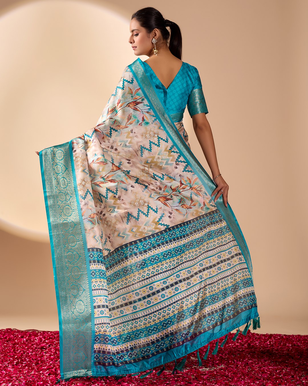Soft Lichi Silk Saree featuring an Exquisite Combination of Modern Digital Print and Rich Traditional Zari Woven Border.