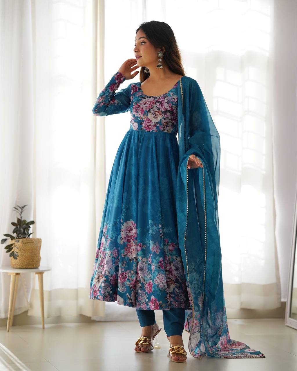 Floral Print Organza Three Piece Anarkali Suit