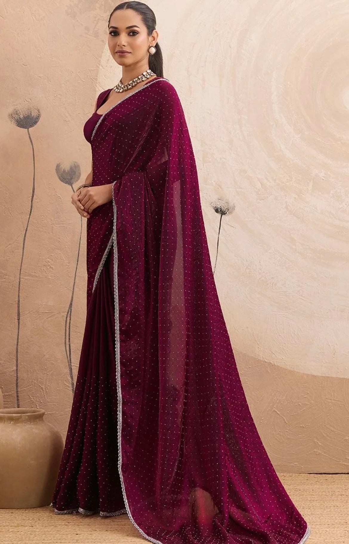 This beautiful saree is elegantly decorated with gorgeous Solid Lace Border that gives a perfect look to the outfit.