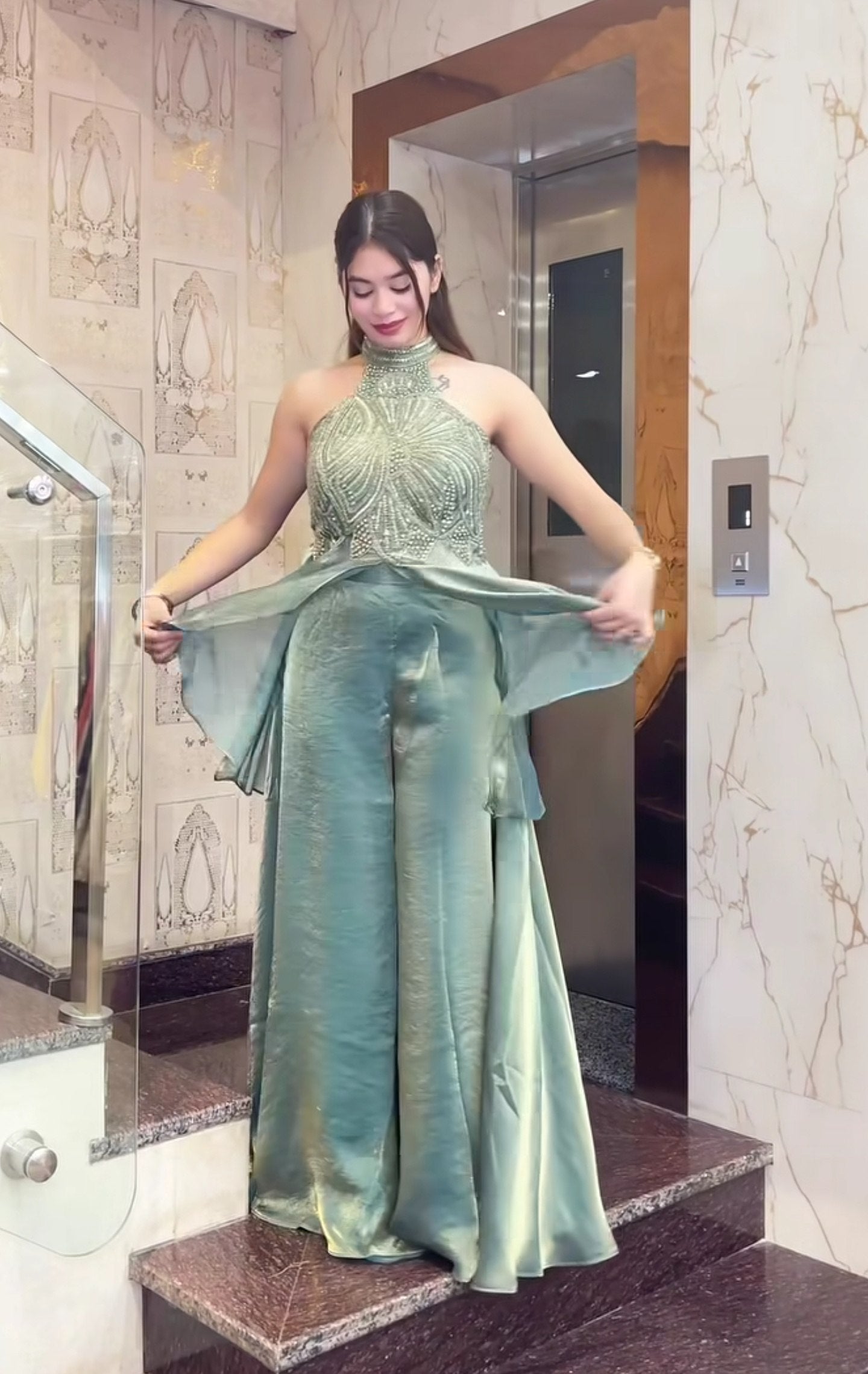 Elegant Fandy Silk Full Neck Sharara Set