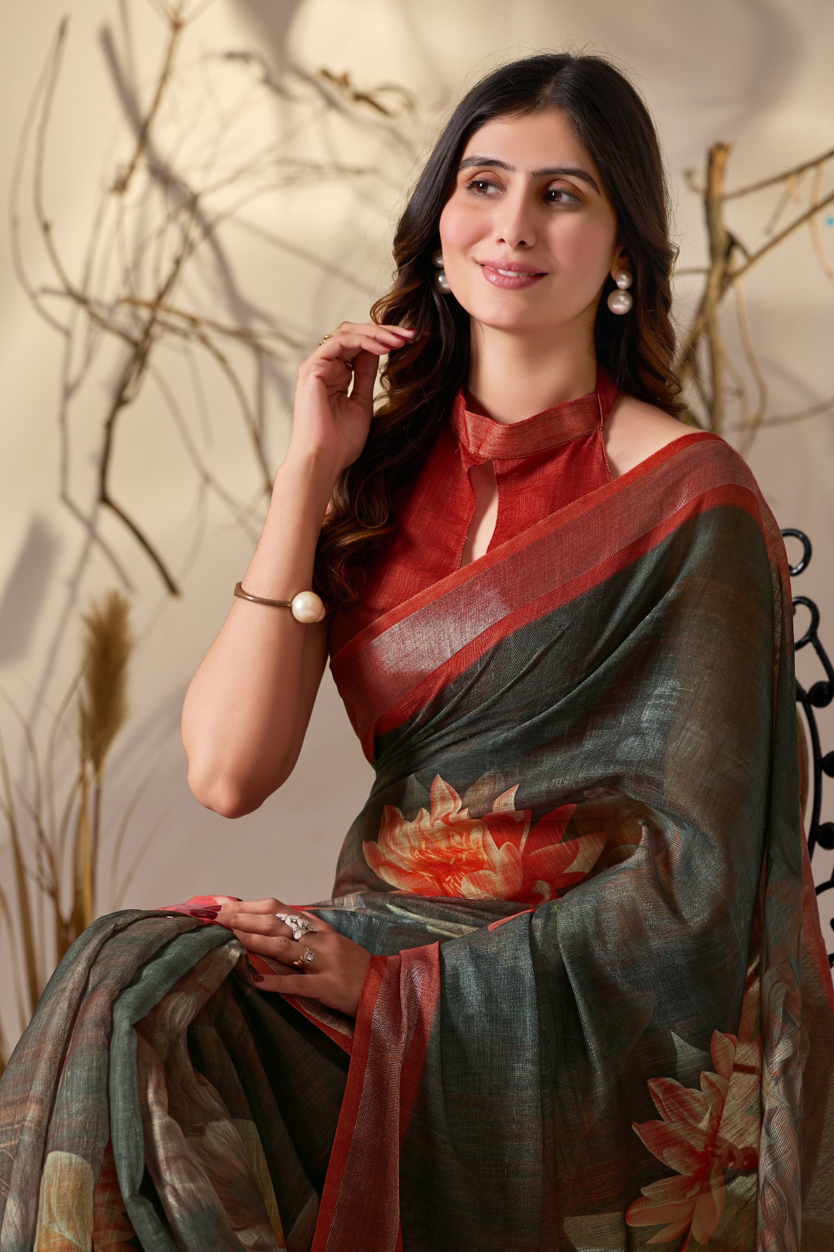 Premium Linen Cotton Saree with Artistic Dark Shade Floral Digital Print & Elegant Rust Red Border with Tassel Detailing