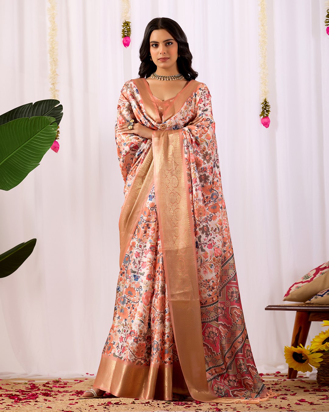 Premium Soft Lichi Silk Saree adorned with intricate floral digital weaving and luxurious golden zari border — blending timeless charm with regal grace.