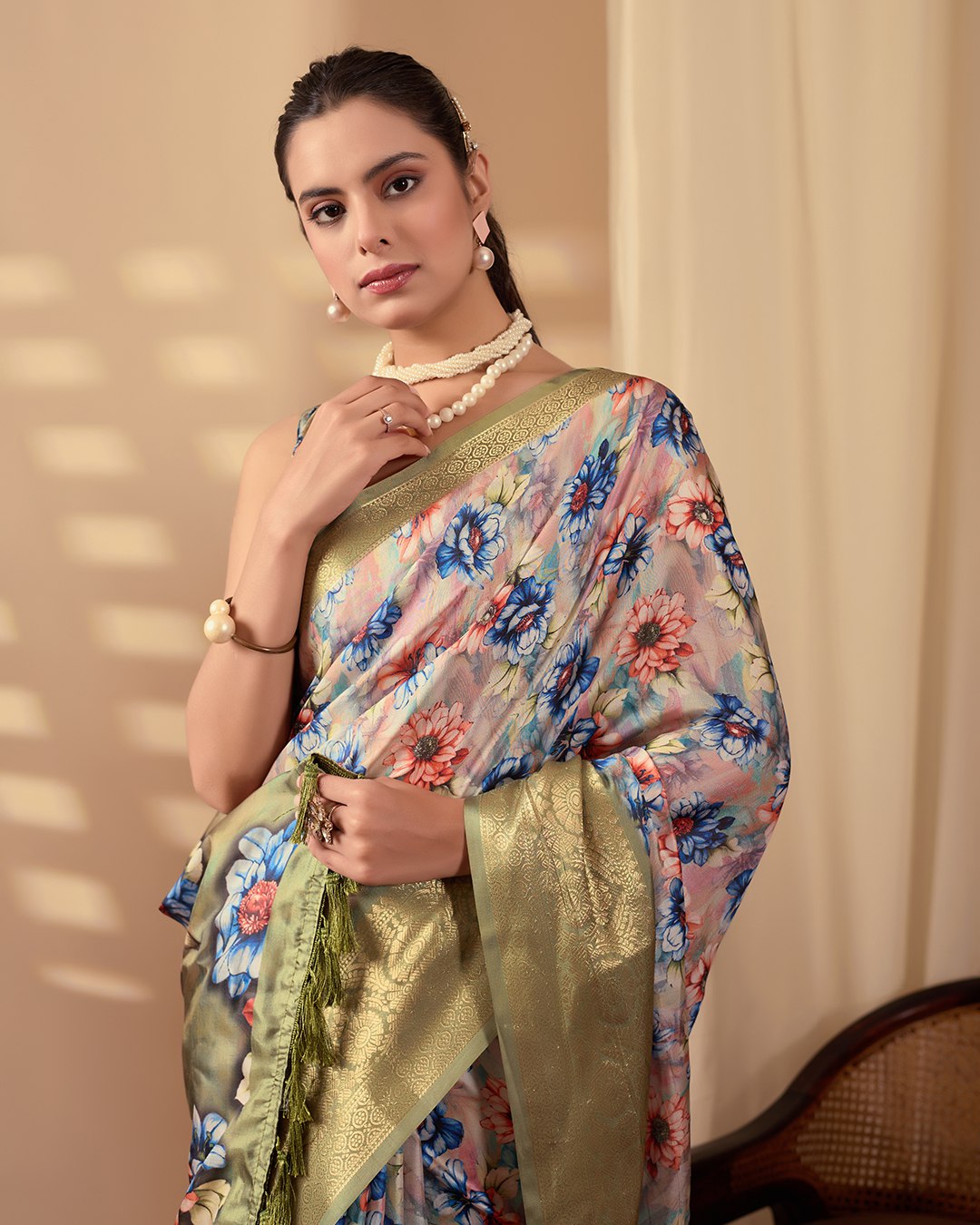 Elegant Soft Lichi Silk Saree adorned with mesmerizing digital floral patterns and a rich golden zari border