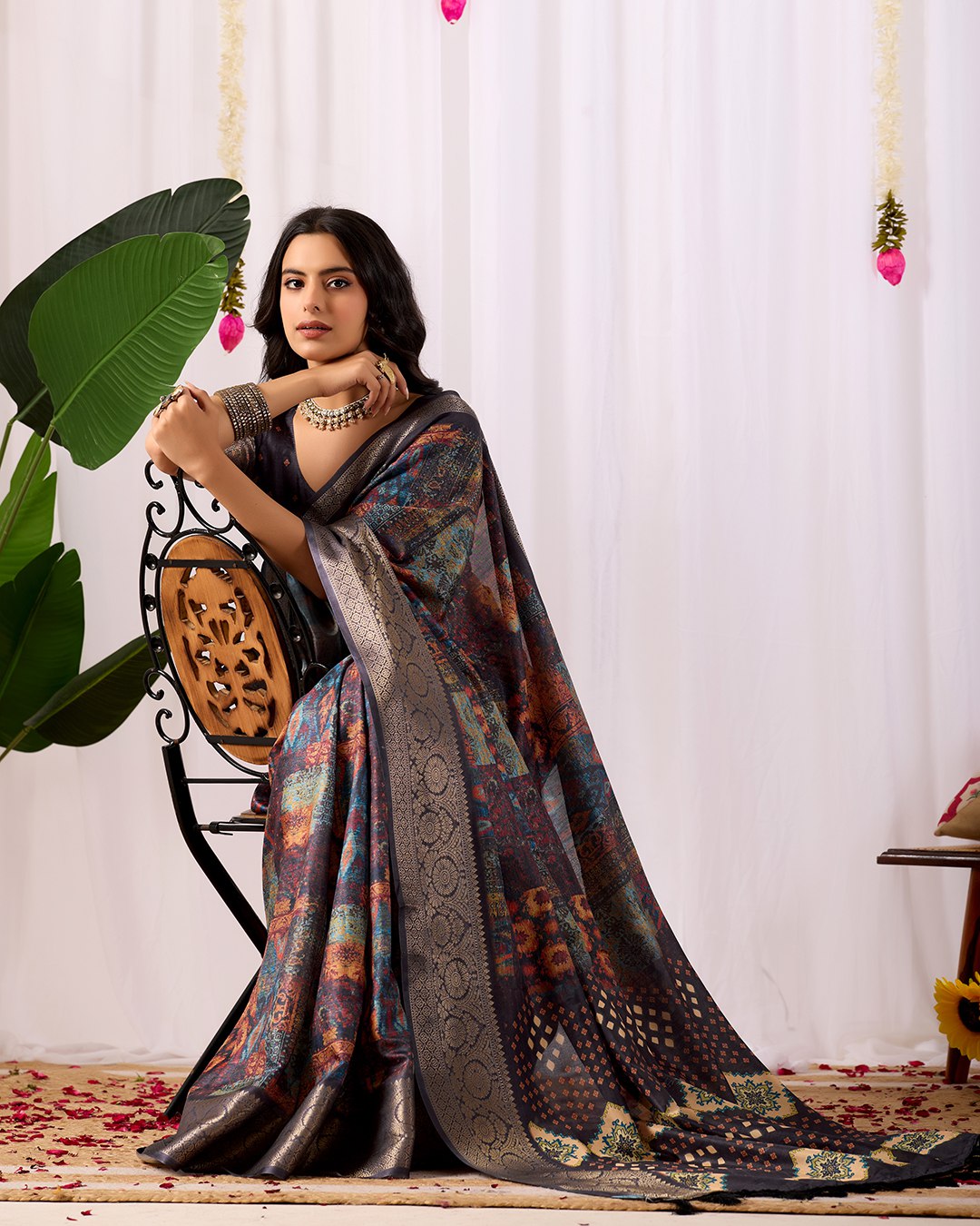 Elegant Soft Lichi Silk Saree with mesmerizing digital ethnic patterns and rich golden zari border — a perfect fusion of vintage artistry and modern luxury.