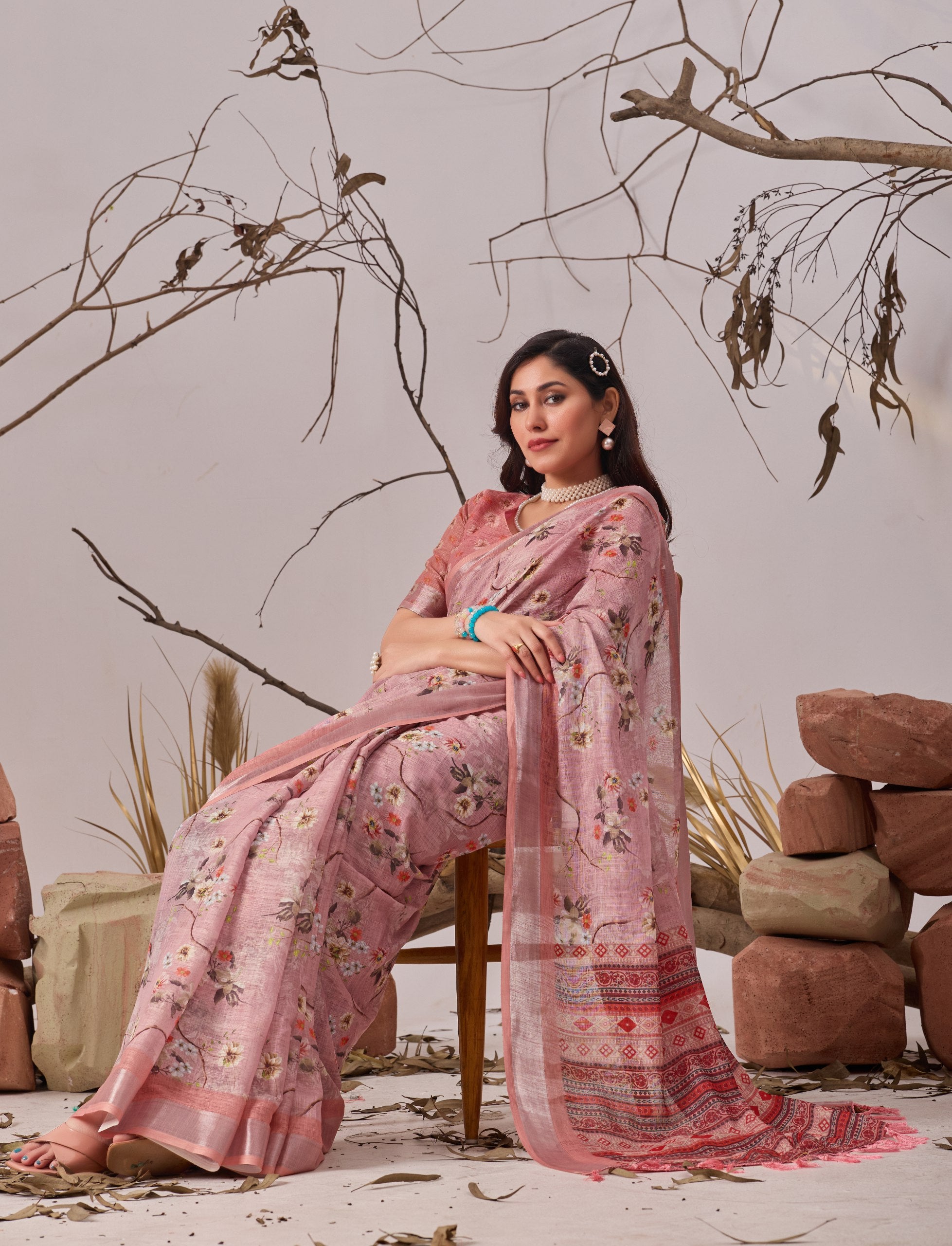 Premium Linen Cotton Saree with Graceful Digital Floral Print & Traditional Patola Border Design