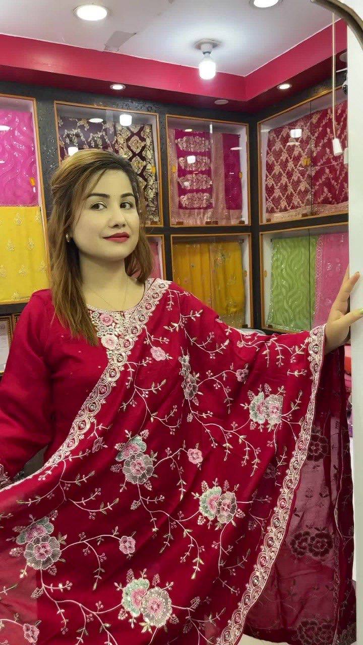 NEW  colour 3-pair Suit Set you've described seems to be a party wear outfit made from have pure chinon  fabric with multi colour embroidery work .(3-Pair)