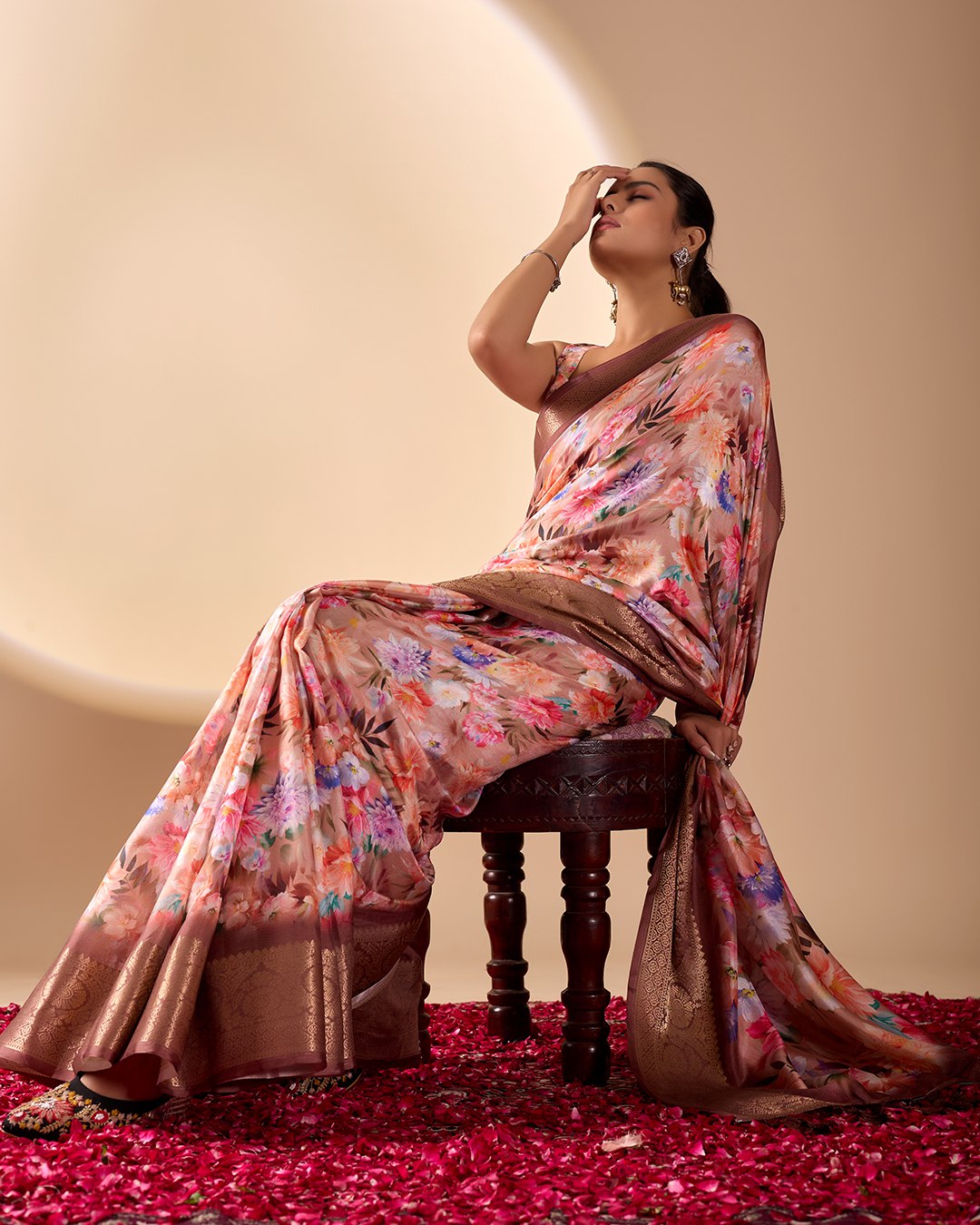 Elegant Soft Lichi Silk Saree featuring mesmerizing digital floral patterns and a rich golden zari border — the perfect blend of vintage charm and modern sophistication.