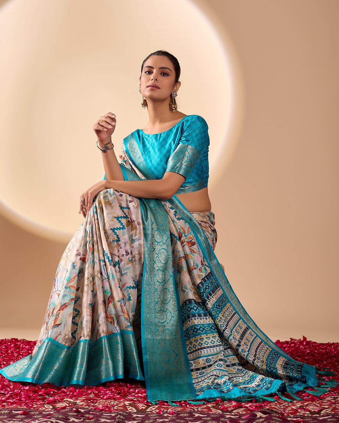 Soft Lichi Silk Saree featuring an Exquisite Combination of Modern Digital Print and Rich Traditional Zari Woven Border.
