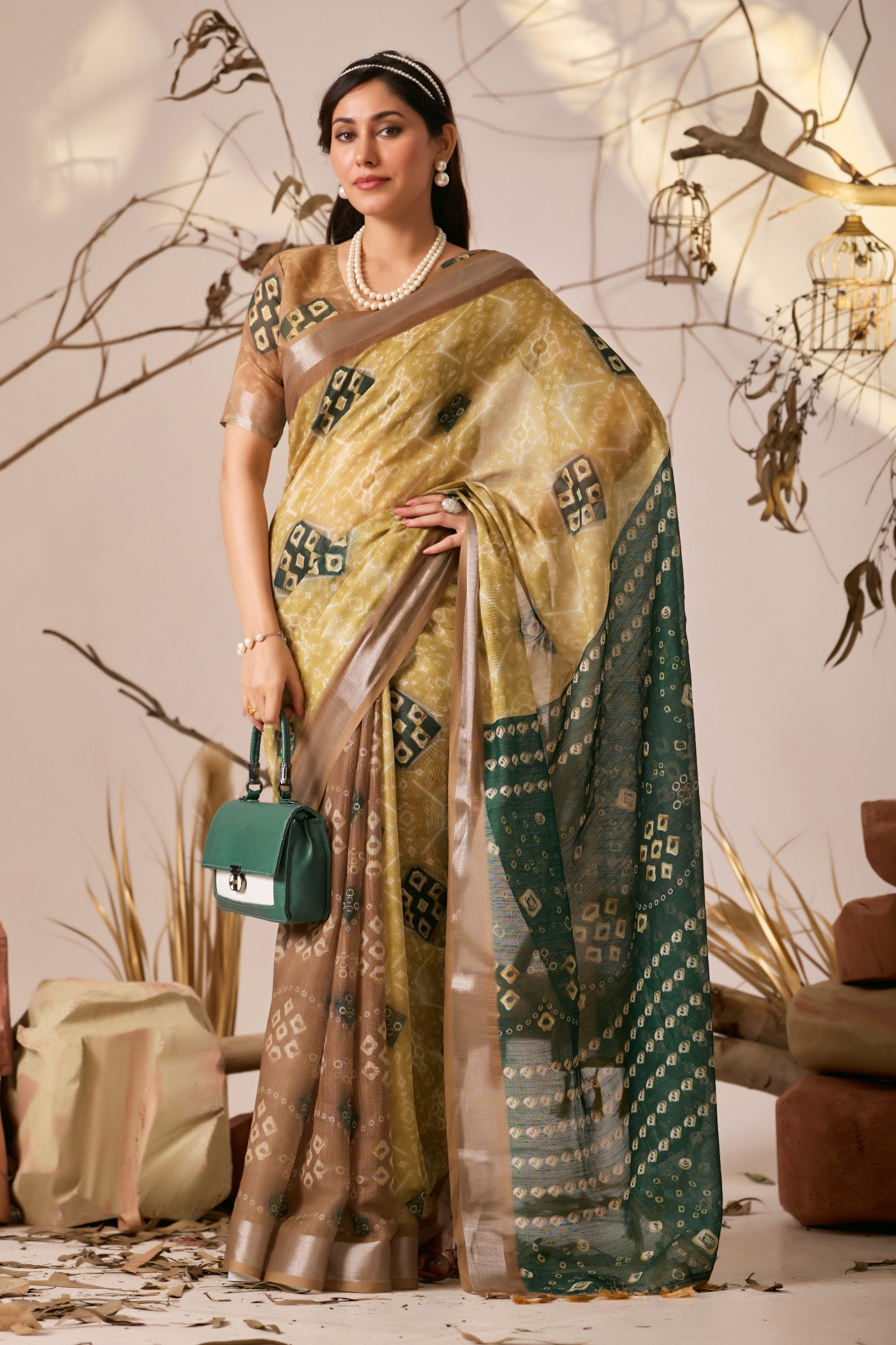 Premium Linen Cotton Saree with Traditional Patola & Ikat Style Digital Print with Classic Contrast Border