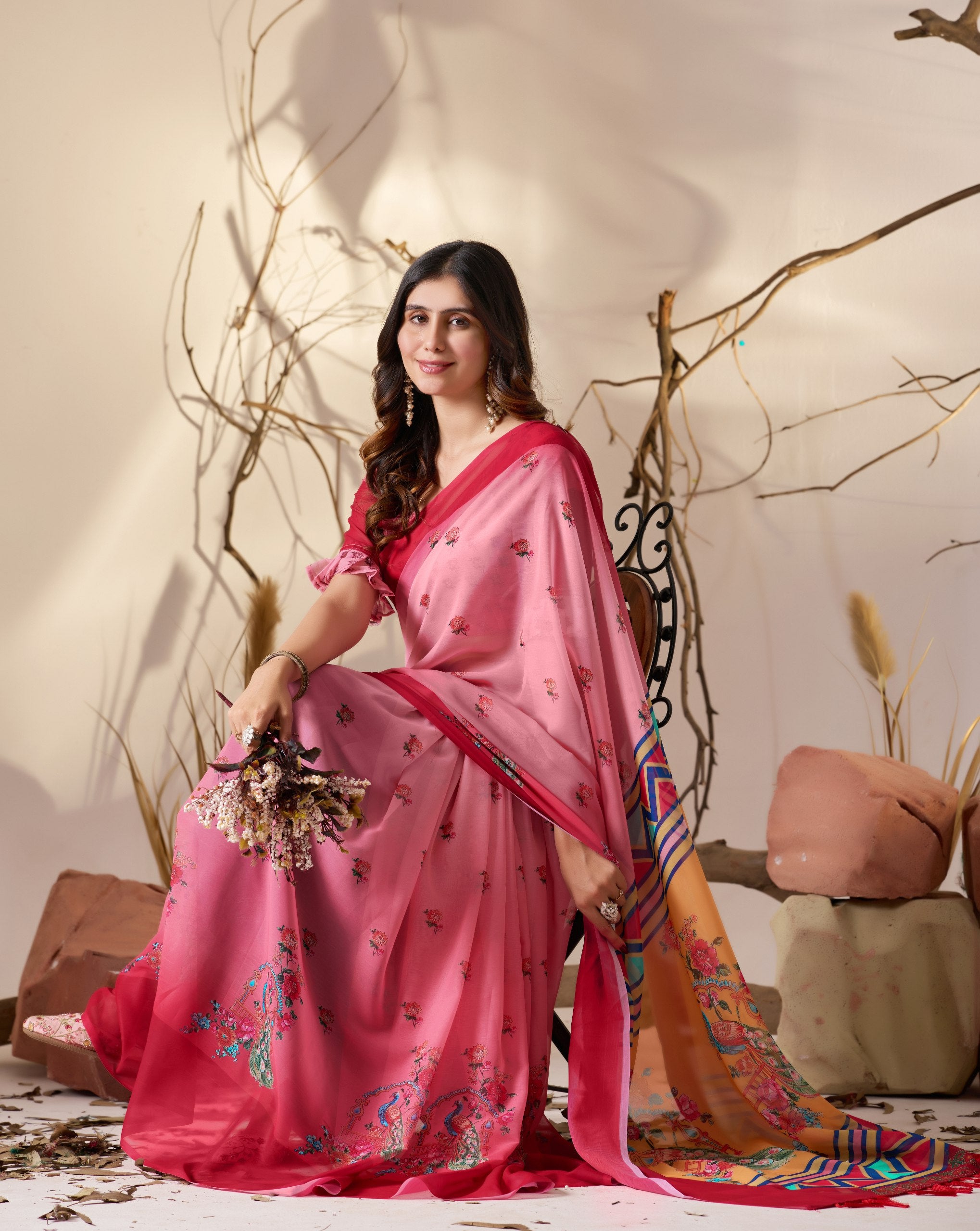 Soft Georgette Saree in Dual Pink Shades Accented with Delicate Floral Digital Printed sarees