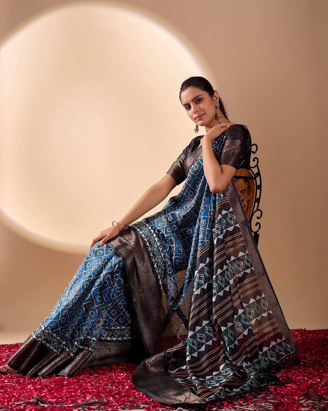 Exquisite Soft Lichi Silk Saree featuring elegant digital ethnic geometric designs paired with a luxurious copper zari border.