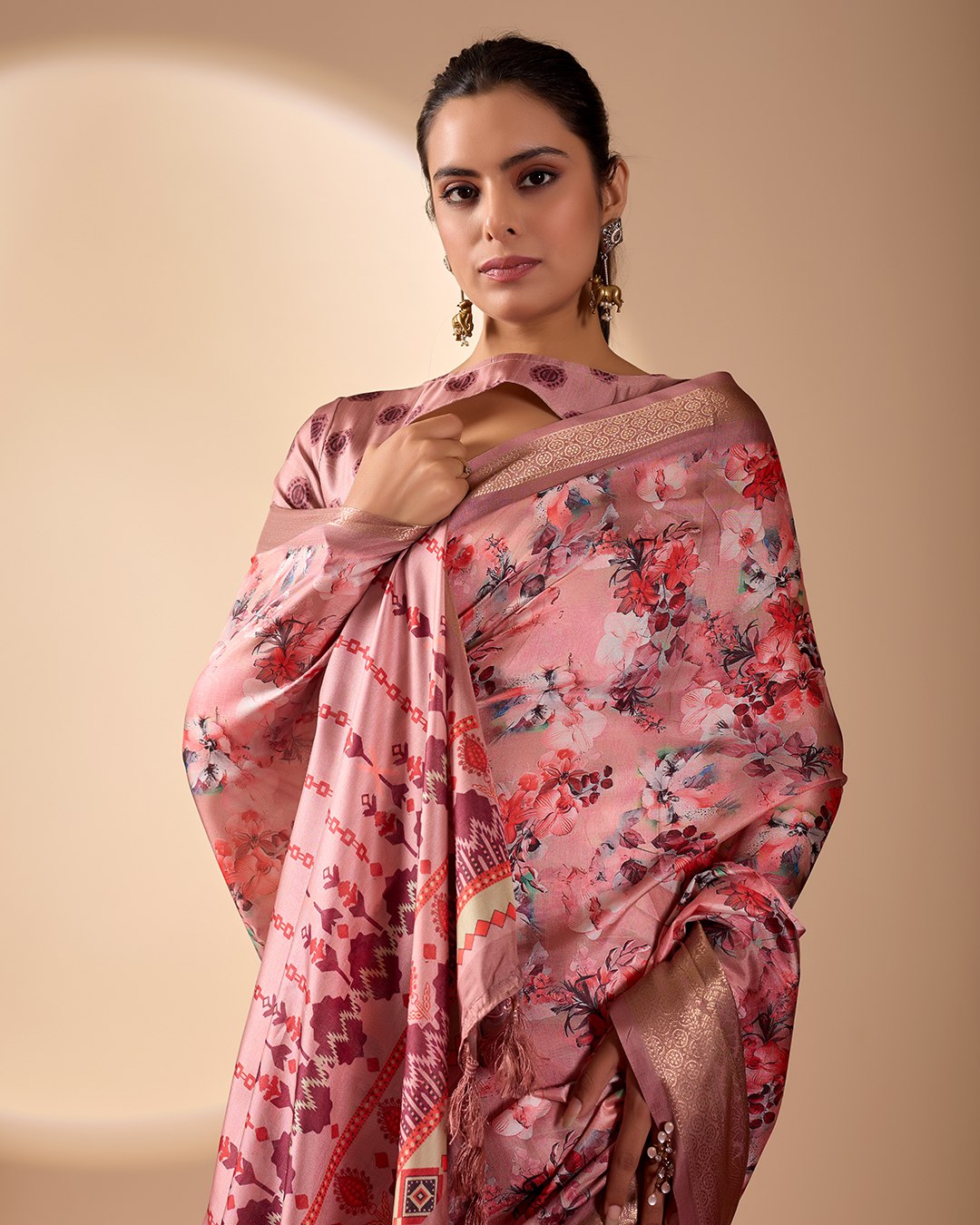 Gorgeous Soft Lichi Silk Saree with enchanting digital floral prints and a rich golden zari border.