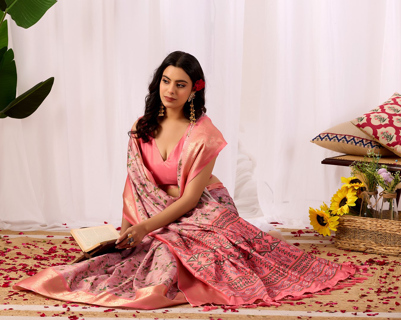 Premium Soft Lichi Silk Saree with a delicate floral print and a rich zari woven border, perfectly blending traditional elegance with modern grace.