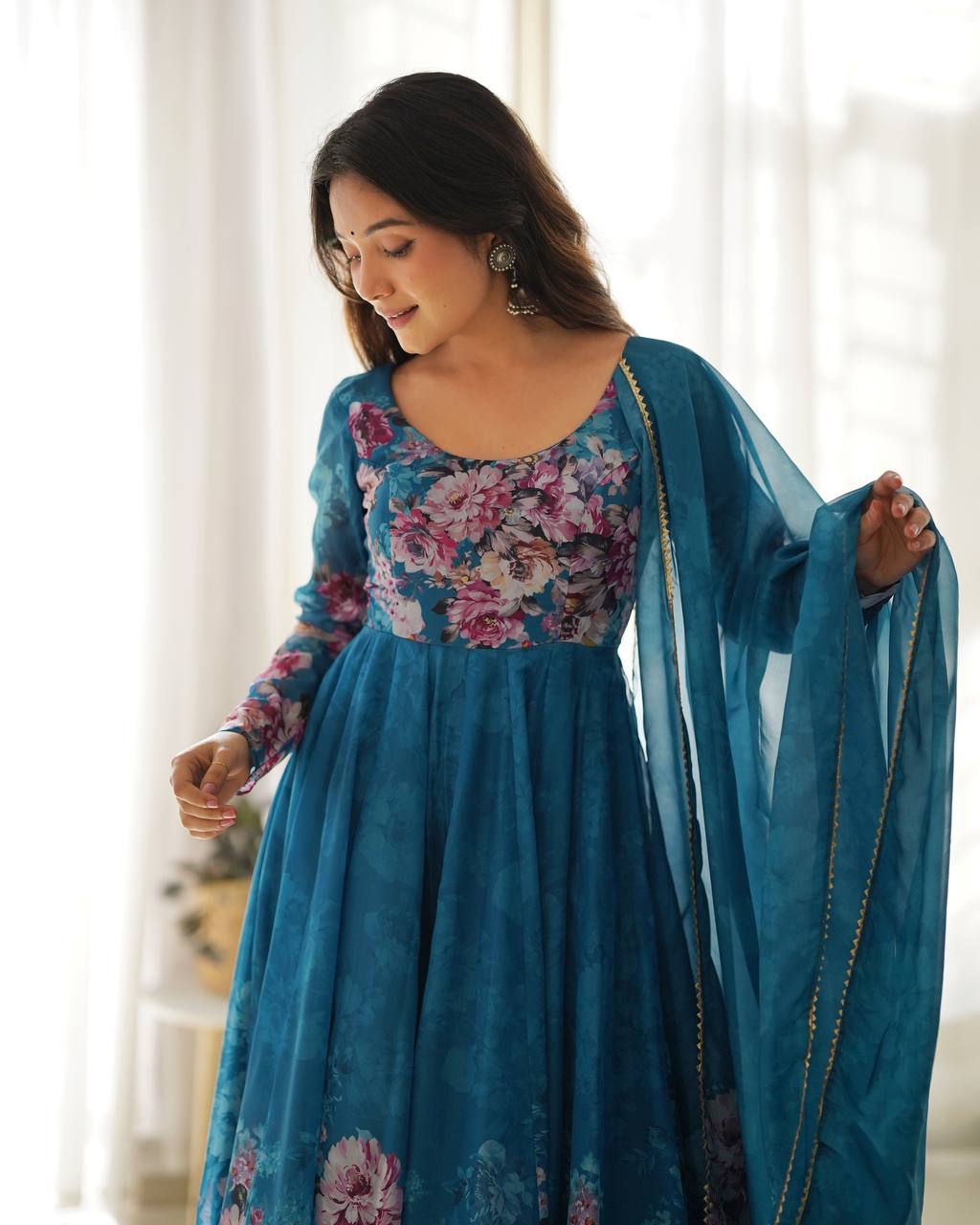 Floral Print Organza Three Piece Anarkali Suit