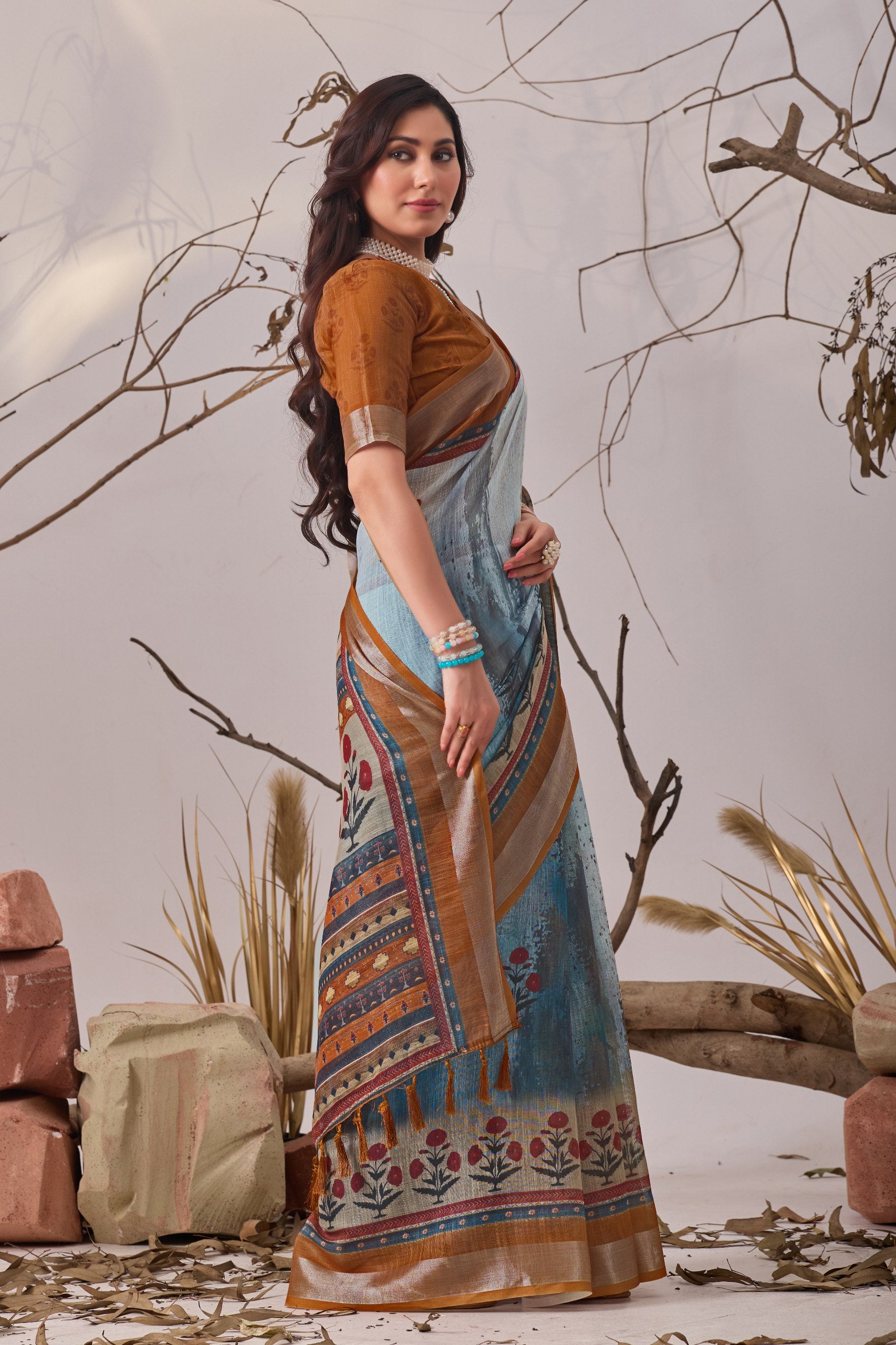 Linen Cotton Saree with Elegant Digital Printed Floral Design
