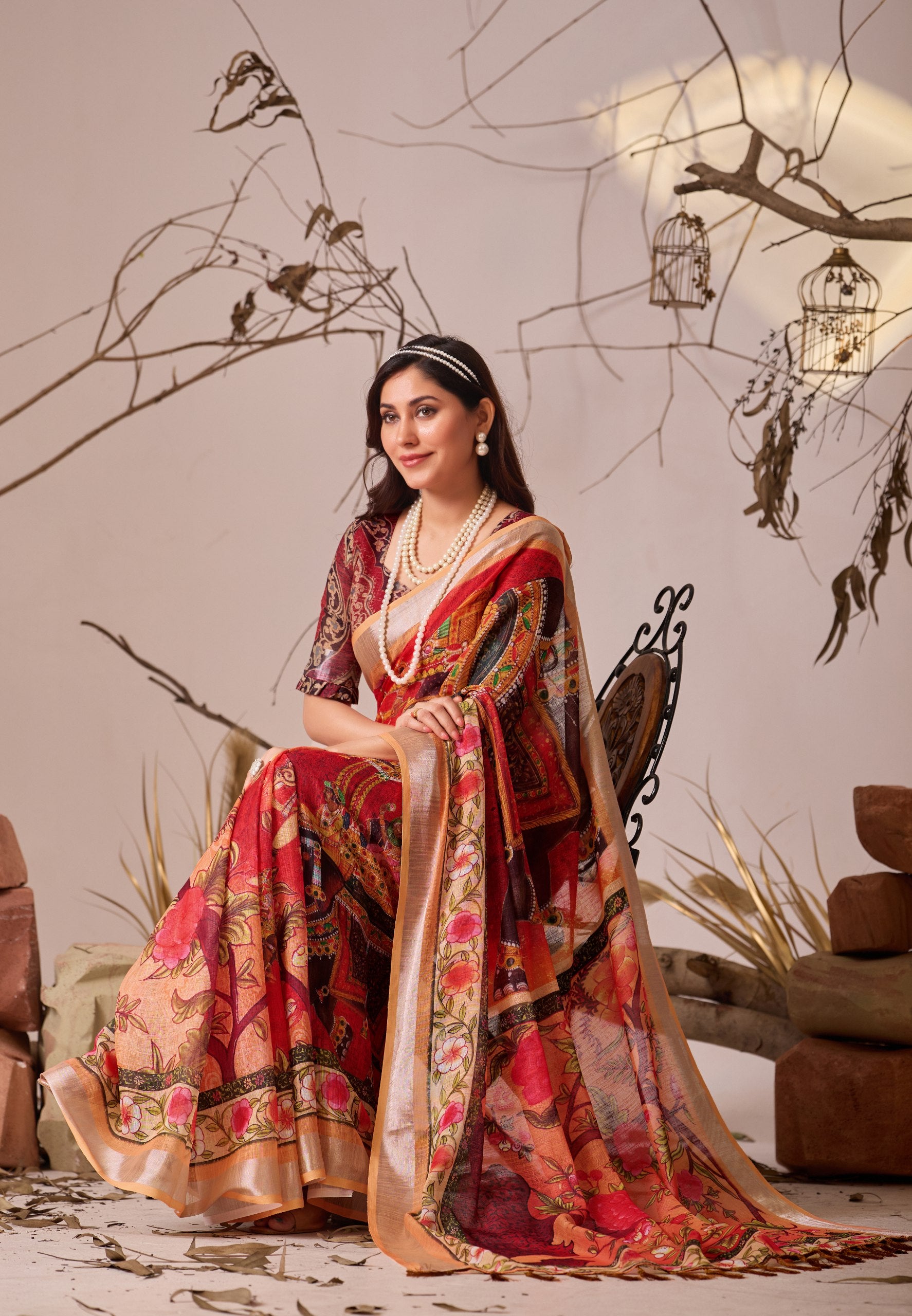 Premium Linen Cotton Saree with Elegant Digital Floral & Artistic Print & Classic Contrast Patola Style Border