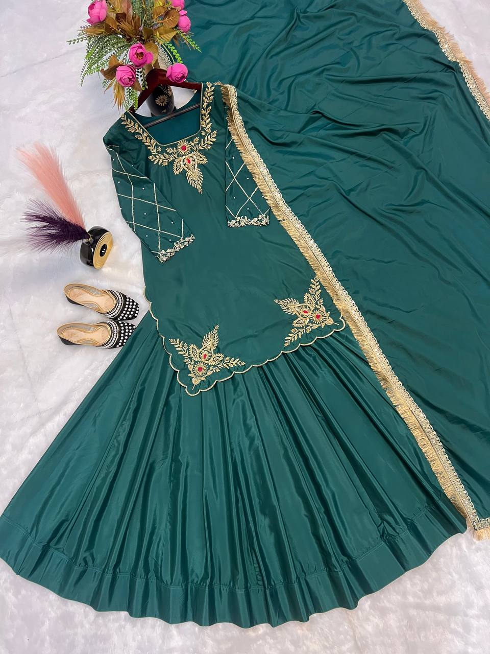 Make every occasion unforgettable with this luxurious Natural Crepe Silk Lehenga Set, crafted with rich handwork and flawless finishing