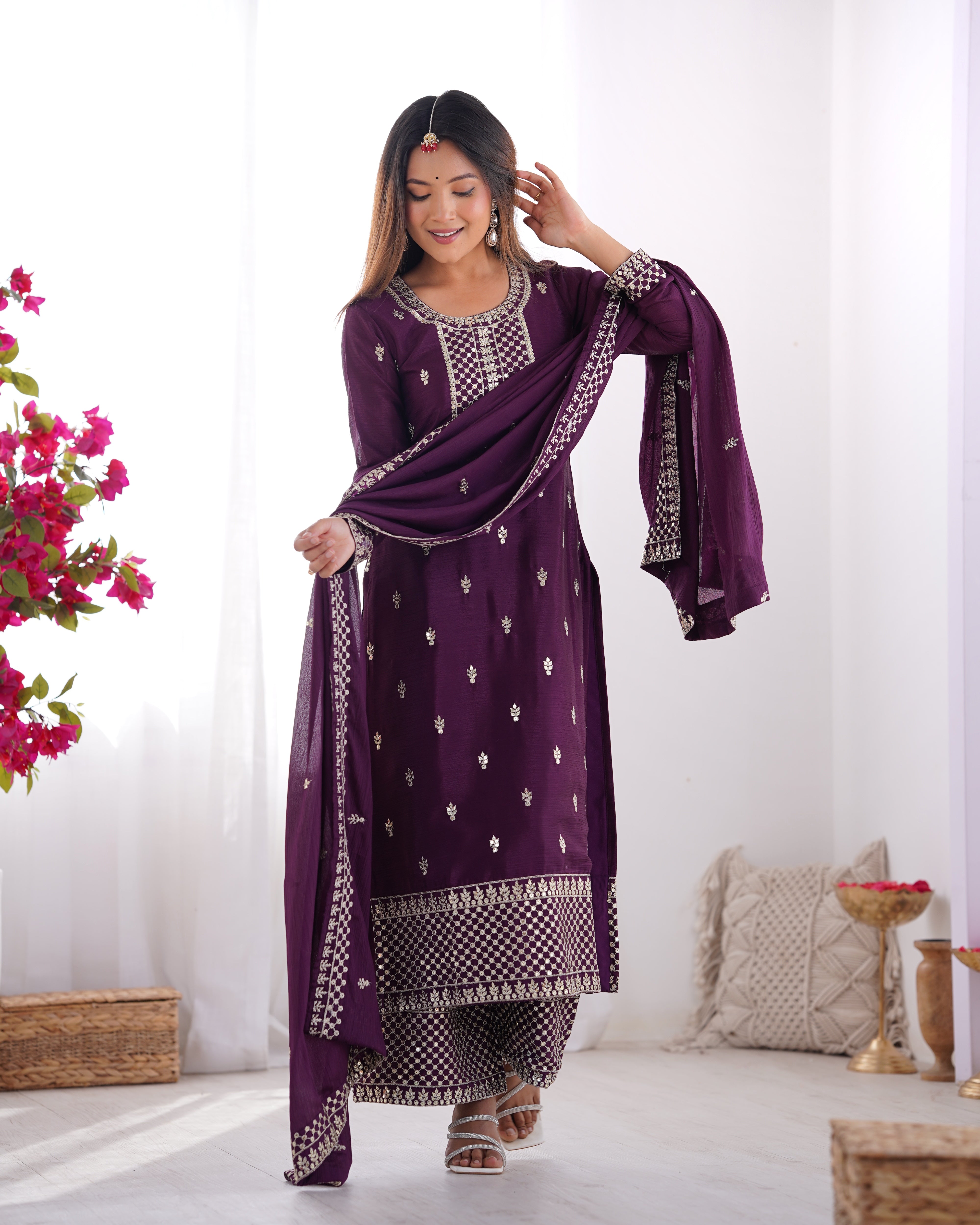 PRESENTING NEW BEAUTIFUL PURE CHINON SILK FABRIC STRAIGHT FIT KURTA WITH DUPPTA SET,TROUSERS,READY TO WEAR*