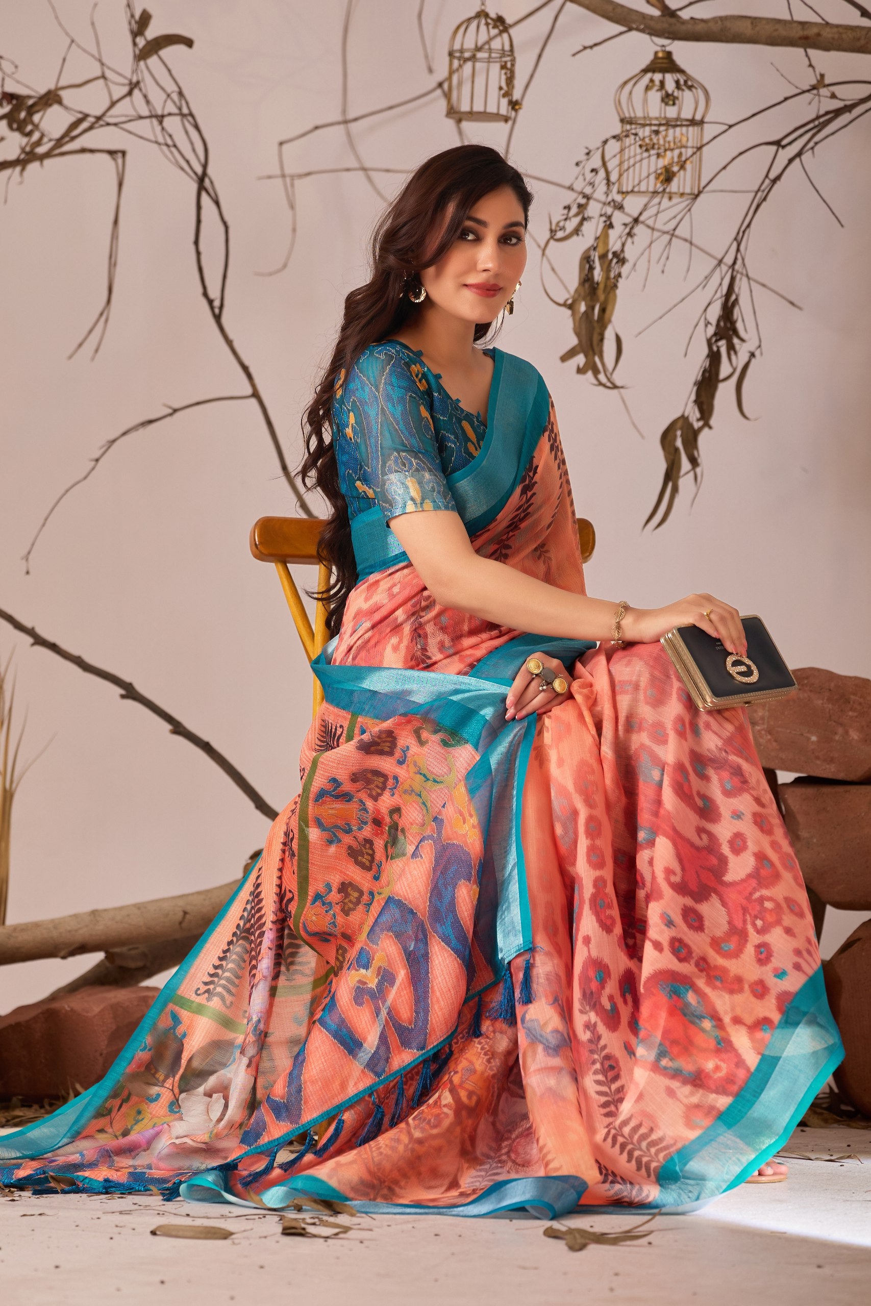 Premium Linen Cotton Saree with Elegant Digital Floral & Leaf Print & Classic Contrast Patola Style Border