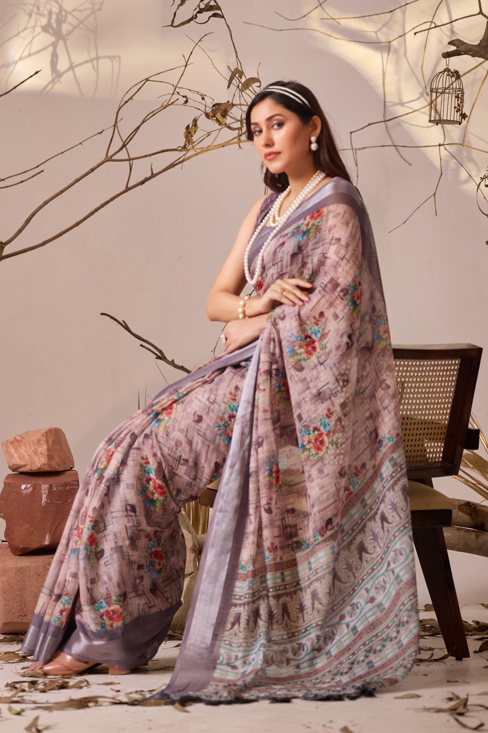 Premium Linen Cotton Saree with Elegant Digital Floral & Geometric Print & Classic Contrast Patola Style Border