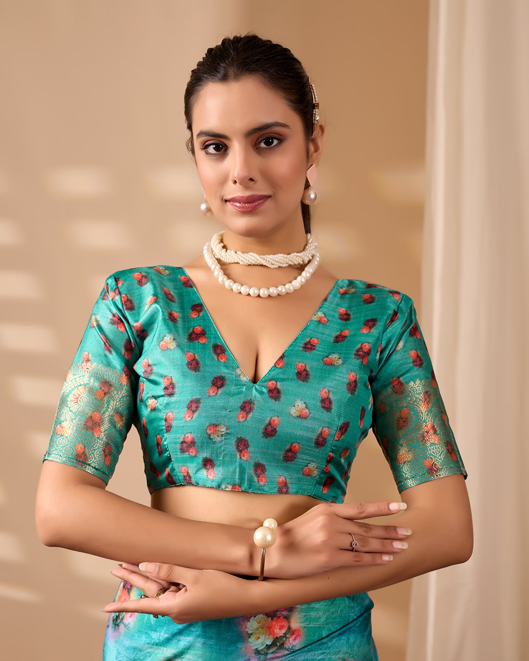 Elegant Soft Lichi Silk Saree adorned with digital floral patterns and a rich golden zari border.