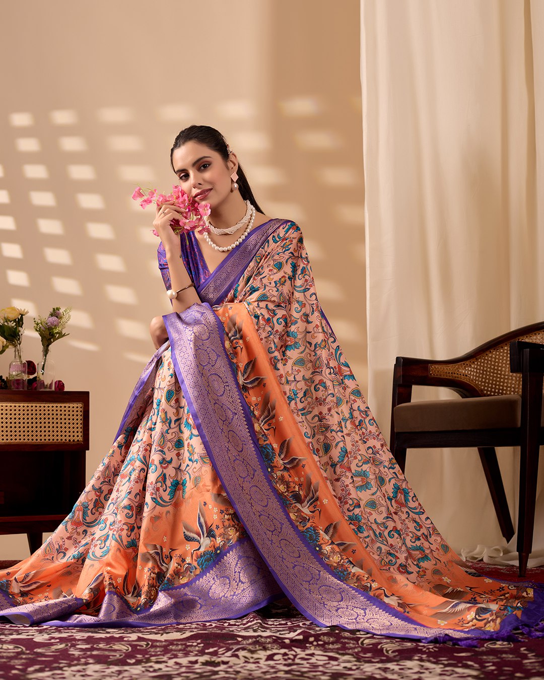 Elegant Soft Lichi Silk Saree featuring exquisite digital ethnic motifs and a royal purple golden zari border.