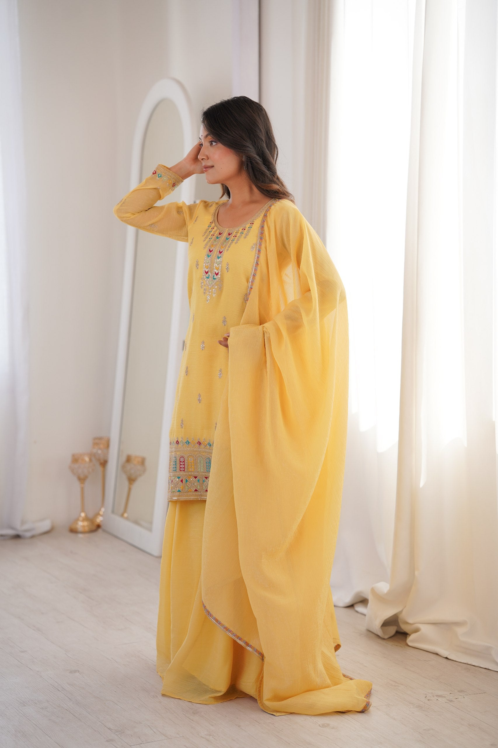 Elegant Crunchy Silk Kurta Sharara Set