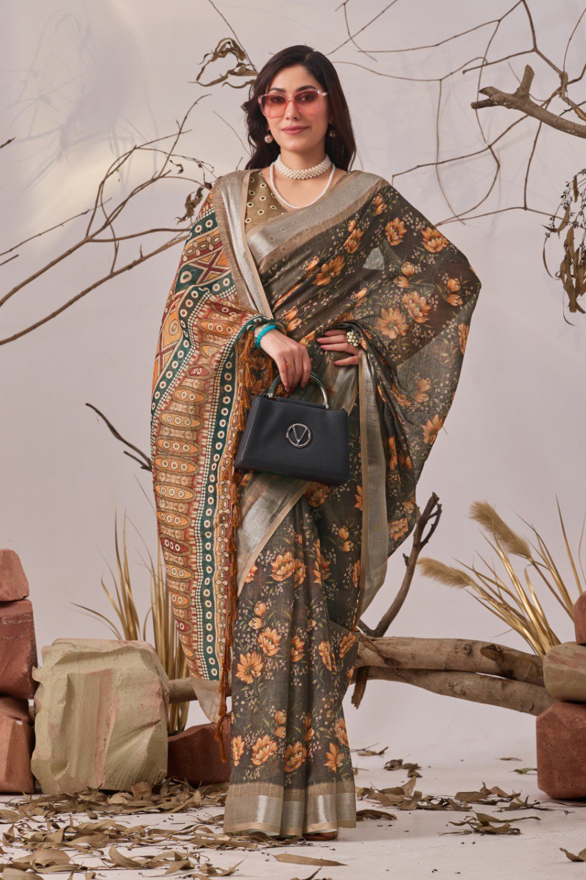 Linen Cotton Saree with Beautiful floral pattern Digital Printed Design