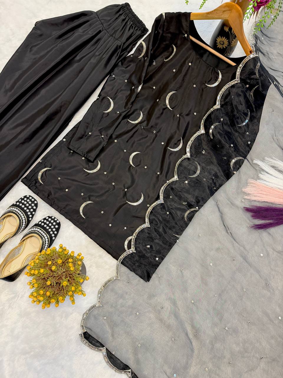 DESIGNER TOP–FARSHI SALWAR–DUPATTA SET