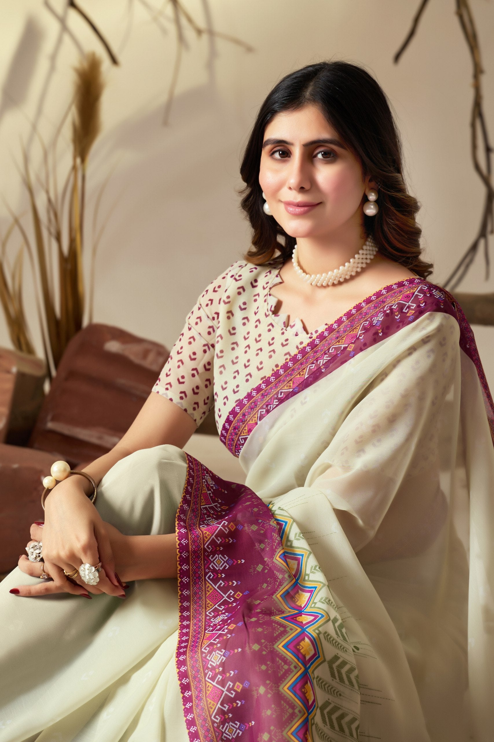 Soft Georgette Saree with Artistic Cream body and Deep Pink Geometric Digital Print border and pallu with Tassel Detailing (5.5 Mtr Saree)