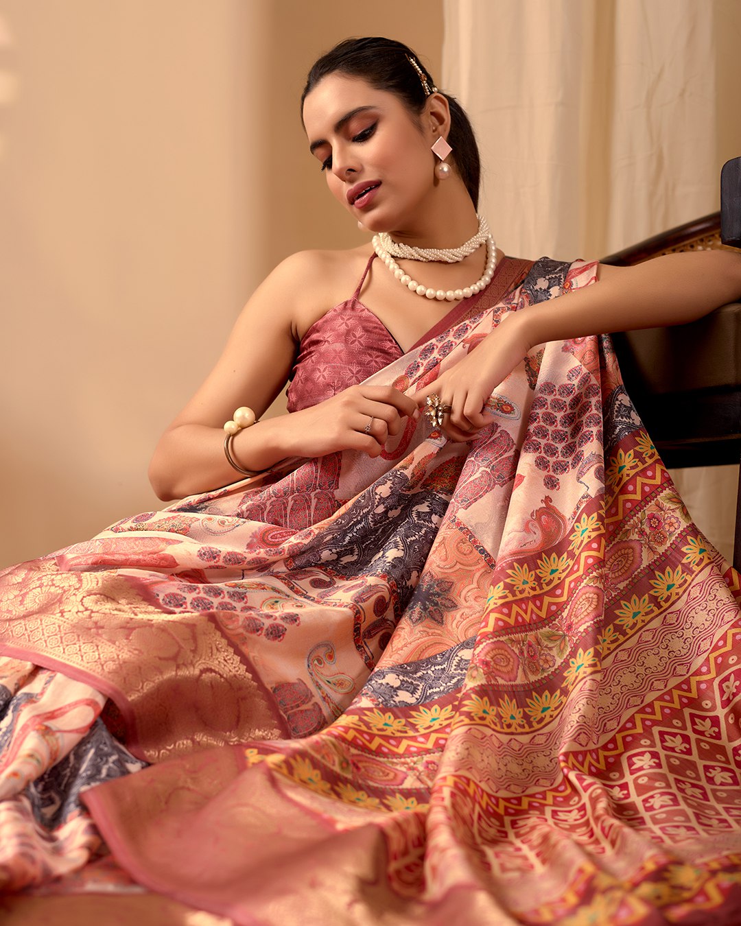Premium Soft Lichi Silk Saree in an Elegant Peach & Multicolor Shade, beautifully adorned with Traditional and Artistic Digital Prints.