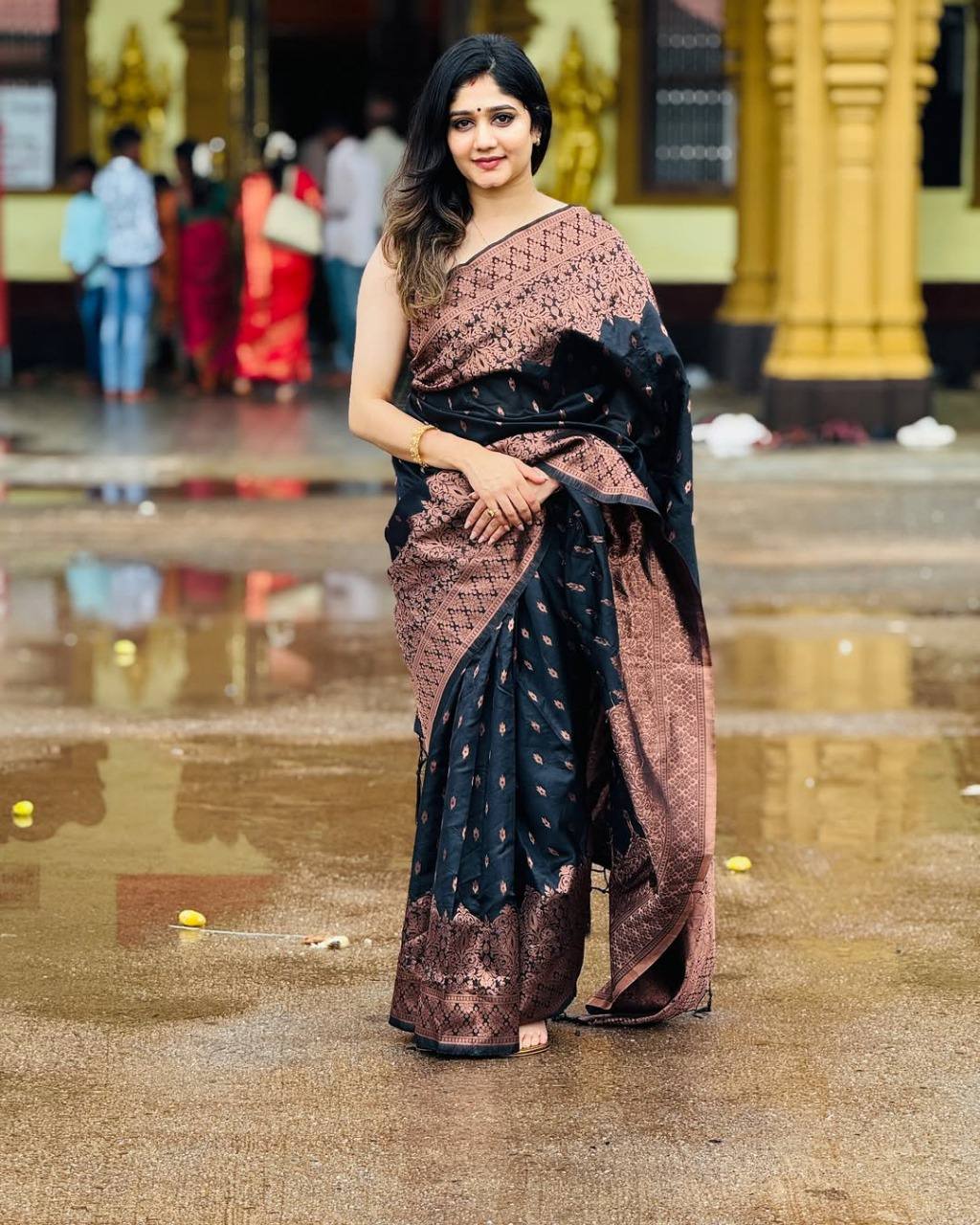 Black South Indian Saree in Soft Lichi Silk With Copper Zari Weaving and Blouse