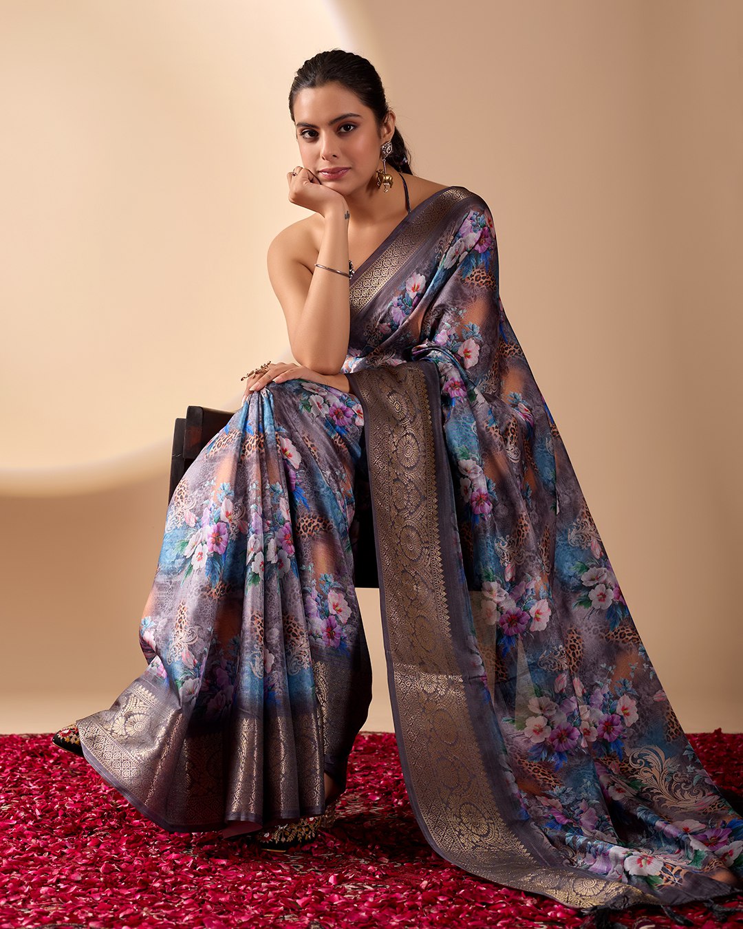 Gorgeous Soft Lichi Silk Saree featuring enchanting digital floral prints on a rich smoky grey base with an intricate golden zari border.