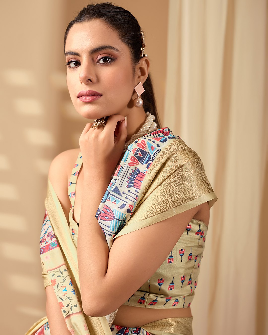 Exquisite Soft Lichi Silk Saree enriched with artistic multicolor digital weaving and a grand golden zari border