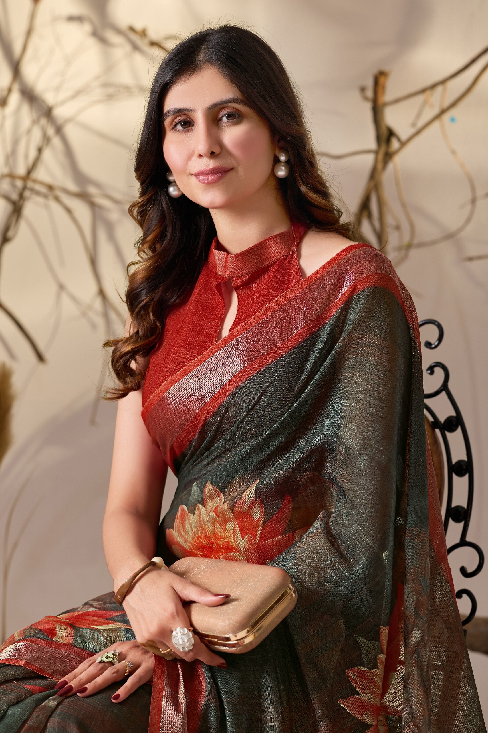 Premium Linen Cotton Saree with Artistic Dark Shade Floral Digital Print & Elegant Rust Red Border with Tassel Detailing